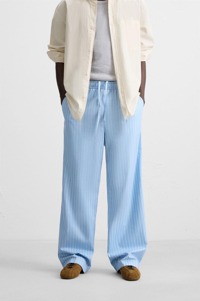 SKY-BLUE STRIPED TEXTURED TROUSERS