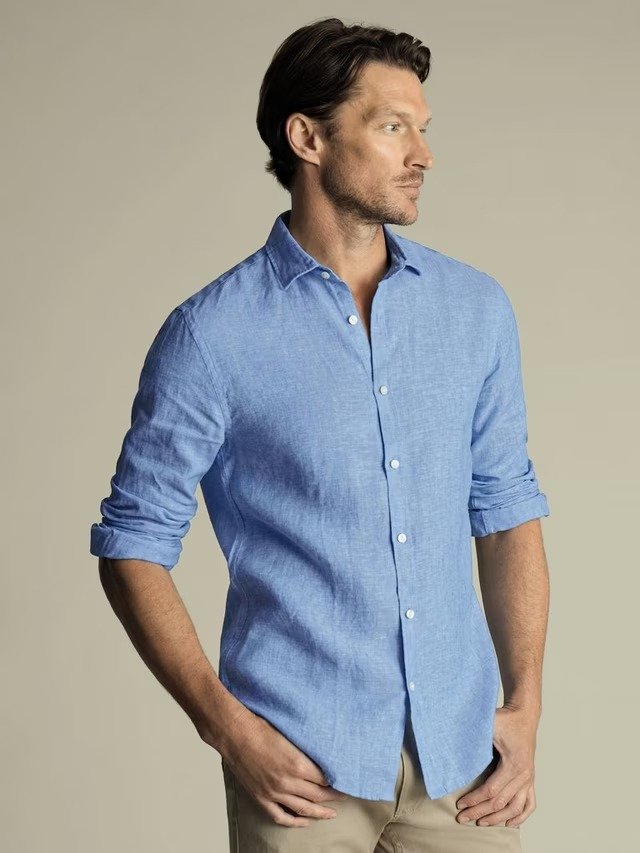 Slim Fit Pure Linen Shirt, Ocean Blue