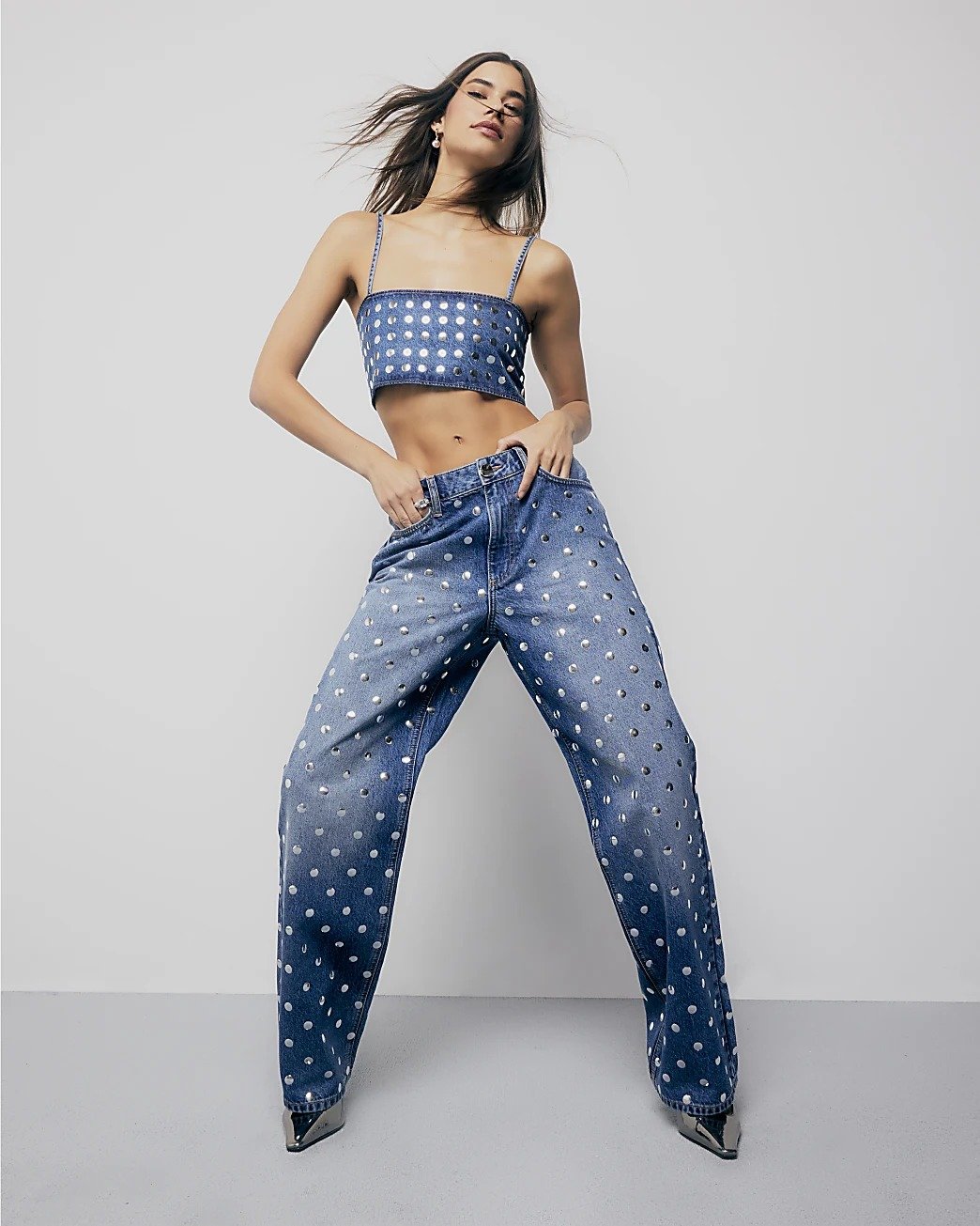 Blue Relaxed Straight Leg Studded Jeans